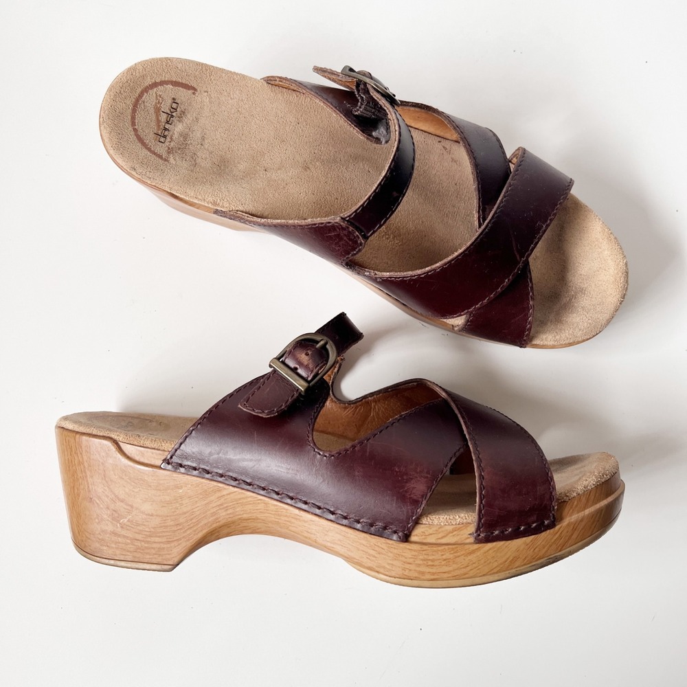Vintage Dansko Leather Clog Sandals‎ 41 10.5-11 Brown Wedge Platform Chunky Boho - Picture 7 of 8